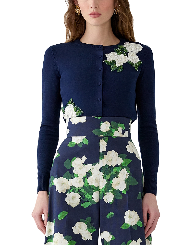 Carolina Herrera Embellished Long Sleeve Round Neck Cardigan