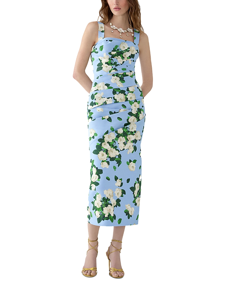 Carolina Herrera Printed Thick Strap Draped Midi Dress