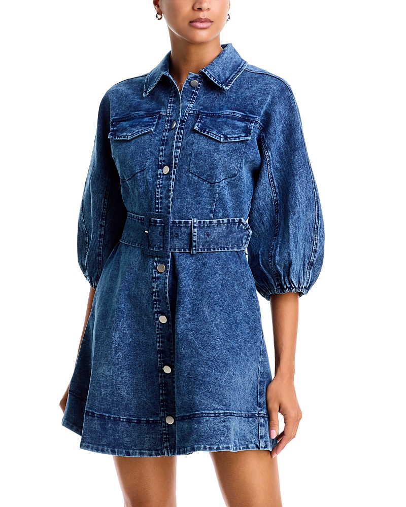 Aqua Denim Bubble Sleeve Button Up Mini Dress - Exclusive