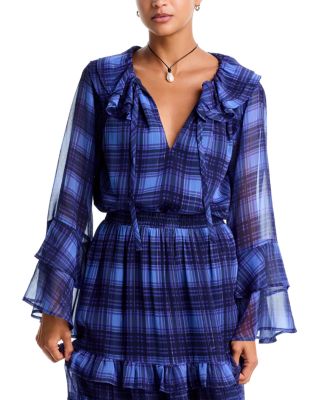 Plaid Ruffled Tie Neck Blouse - Exclusive