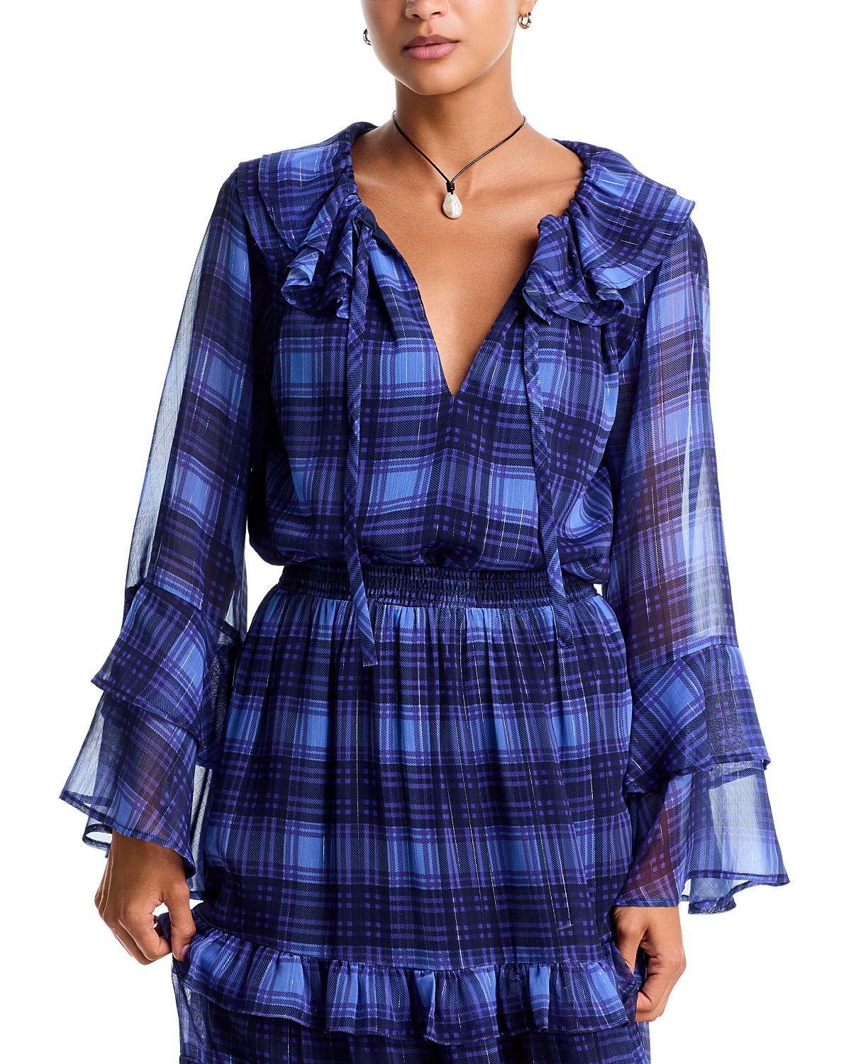 Aqua Plaid Ruffled Tie Neck Blouse - Exclusive