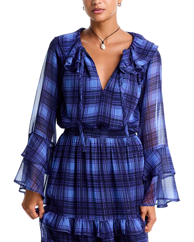 Aqua Plaid Ruffled Tie Neck Blouse - Exclusive In Blue Multi