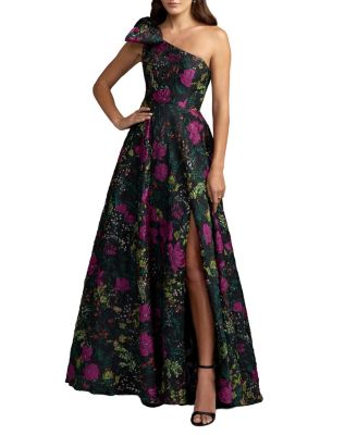  One Shoulder Brocade Gown With Bow Detail