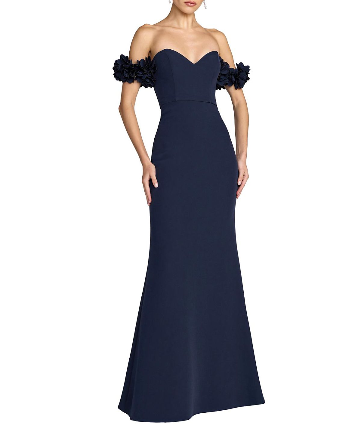 Mac Duggal Off-the-Shoulder Crepe Gown with 3D Floral Applique