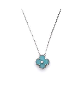  Vintage Alhambra Pendant Necklace 18K White Gold and Green Celadon Sevres Porcelain with Diamond, 16.25"