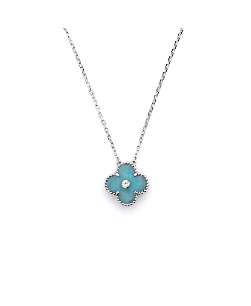 Pre-Owned Van Cleef & Arpels Vintage Alhambra Pendant Necklace 18K White Gold and Green Celadon Sevres Porcelain with Diamond, 16.25