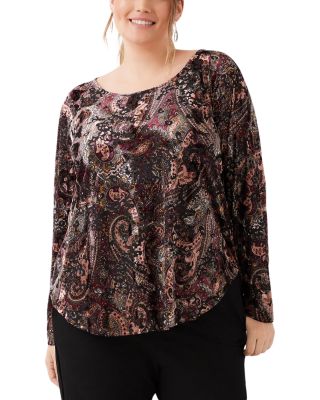 Plus Long Sleeve Velvet Burnout Shirttail Top