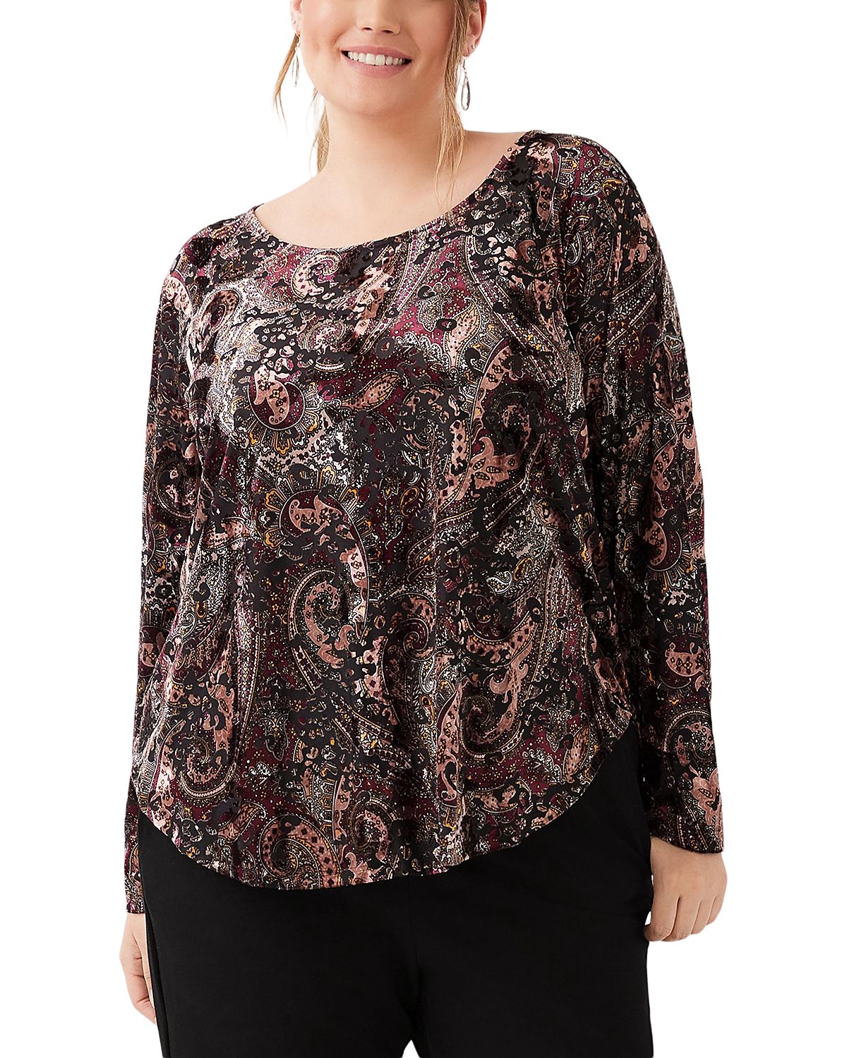 Karen Kane Plus Long Sleeve Velvet Burnout Shirttail Top
