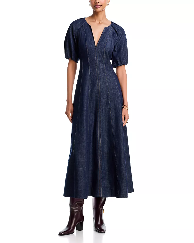 Tanya Taylor Piper Cotton Split Neck Midi Dress
