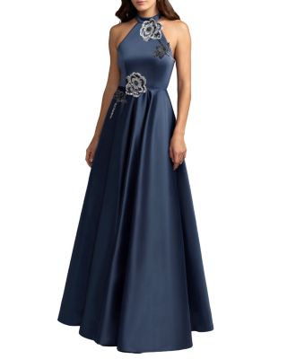  Satin Sleeveless Floral Detail A Line Gown