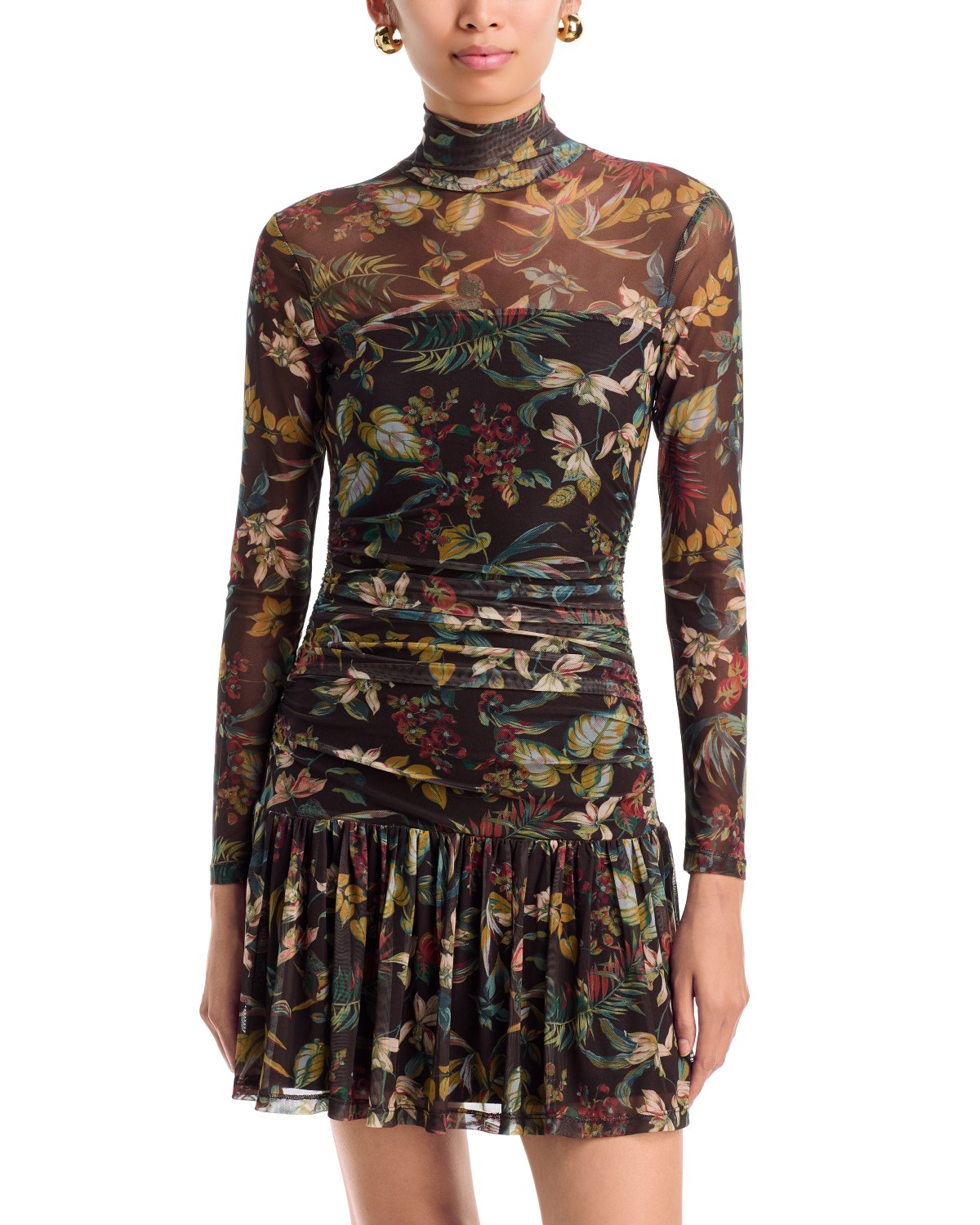 Gathered Mesh Turtleneck Mini Dress - Exclusive