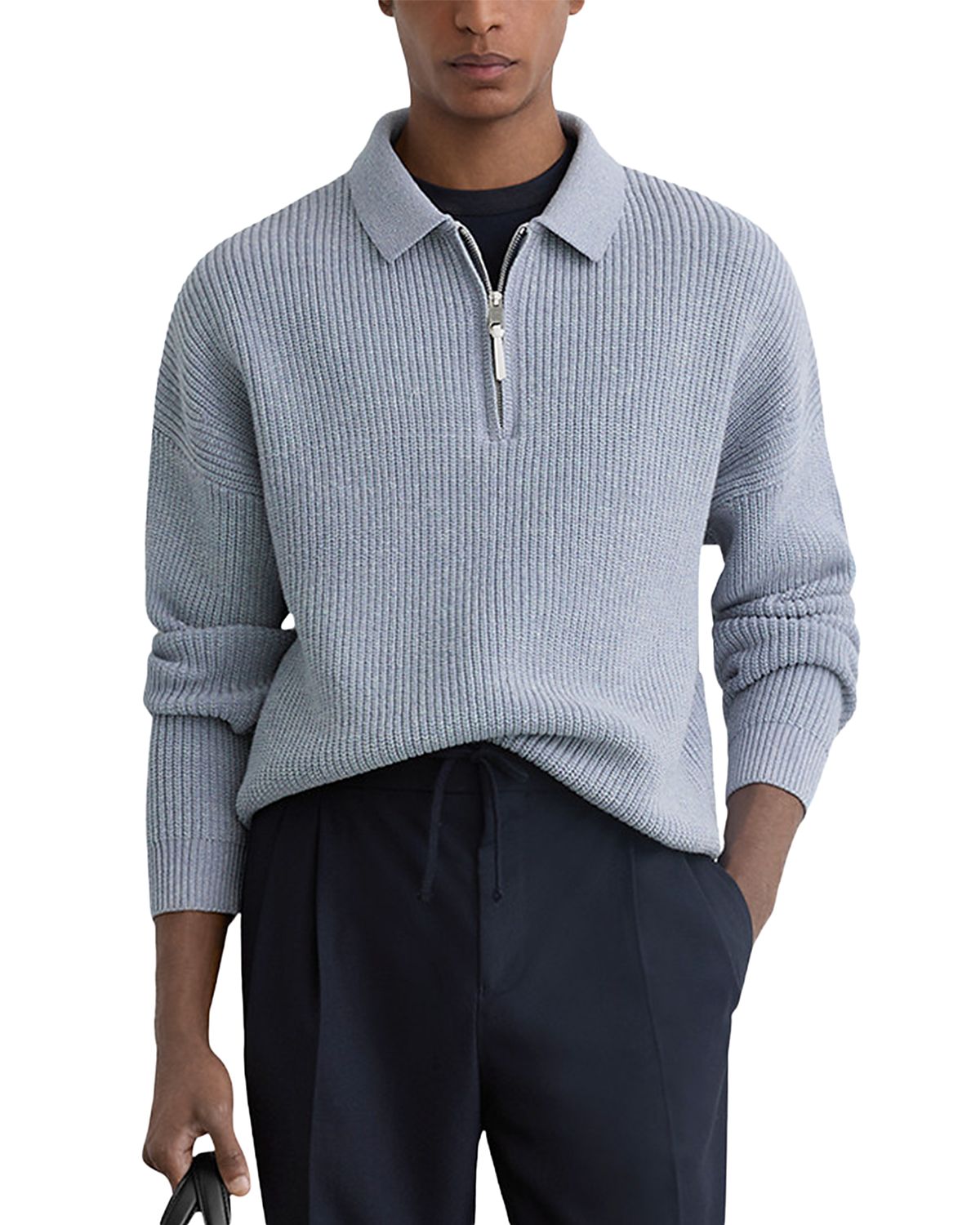 Reiss Prop Long Sleeve Half Zip Ribbed Polo Shirt