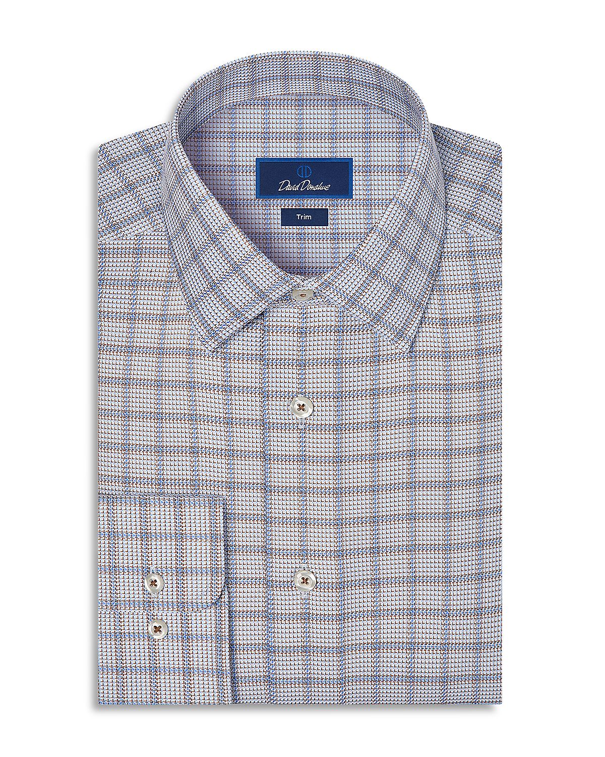 David Donahue Trim Fit Textured Windowpane Cotton Dress Shirt