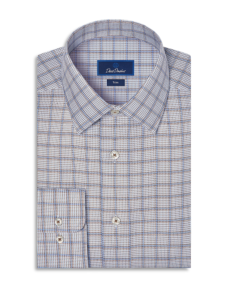 David Donahue Trim Fit Textured Windowpane Cotton Dress Shirt