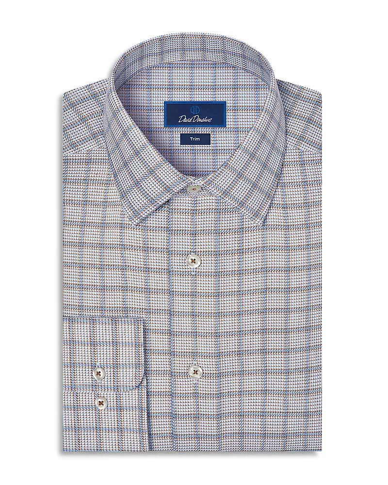David Donahue Trim Fit Textured Windowpane Cotton Dress Shirt