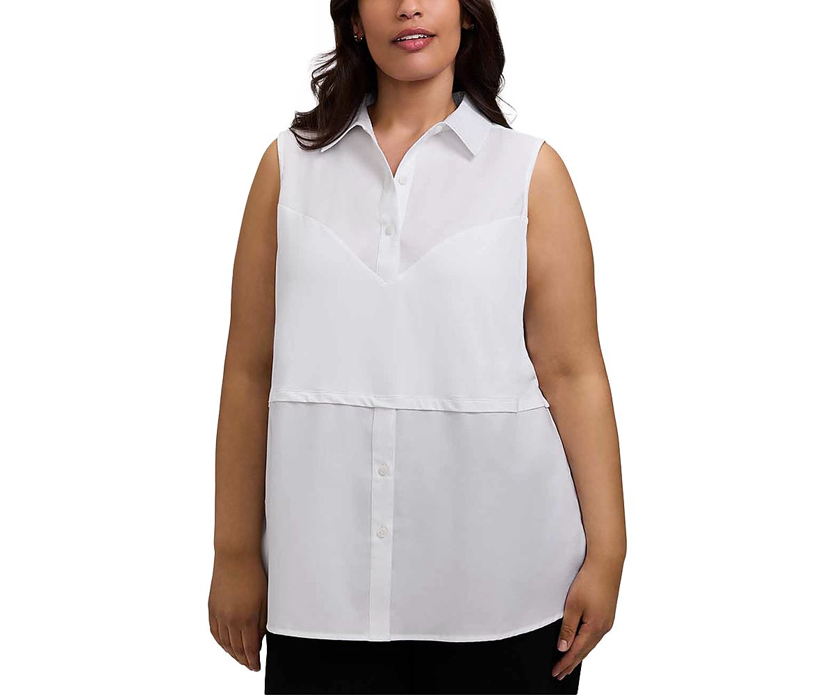 Foxcroft Plus Chelsea Sleeveless Knit Woven Layer Tank Top