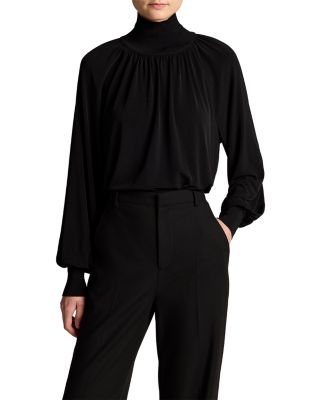 Rib Trim Long Sleeve Gathered Turtleneck Top