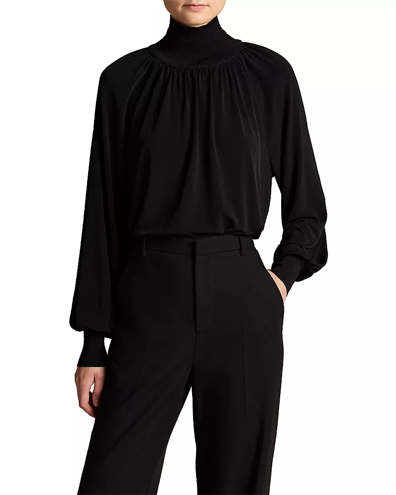 Vince Rib Trim Long Sleeve Gathered Turtleneck Top
