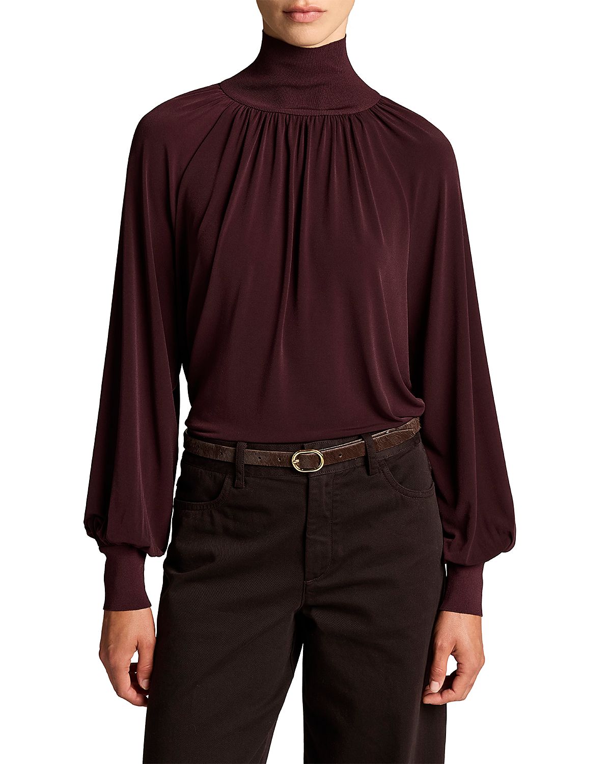 Vince Rib Trim Long Sleeve Gathered Turtleneck Top