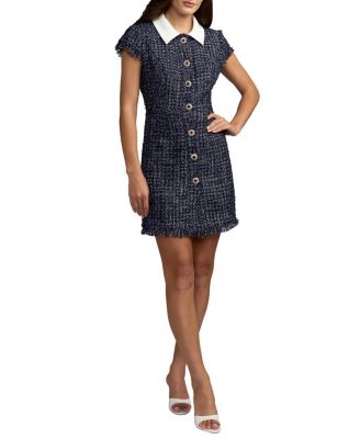  Boucle Cap Sleeve Mini Dress With Flower Details