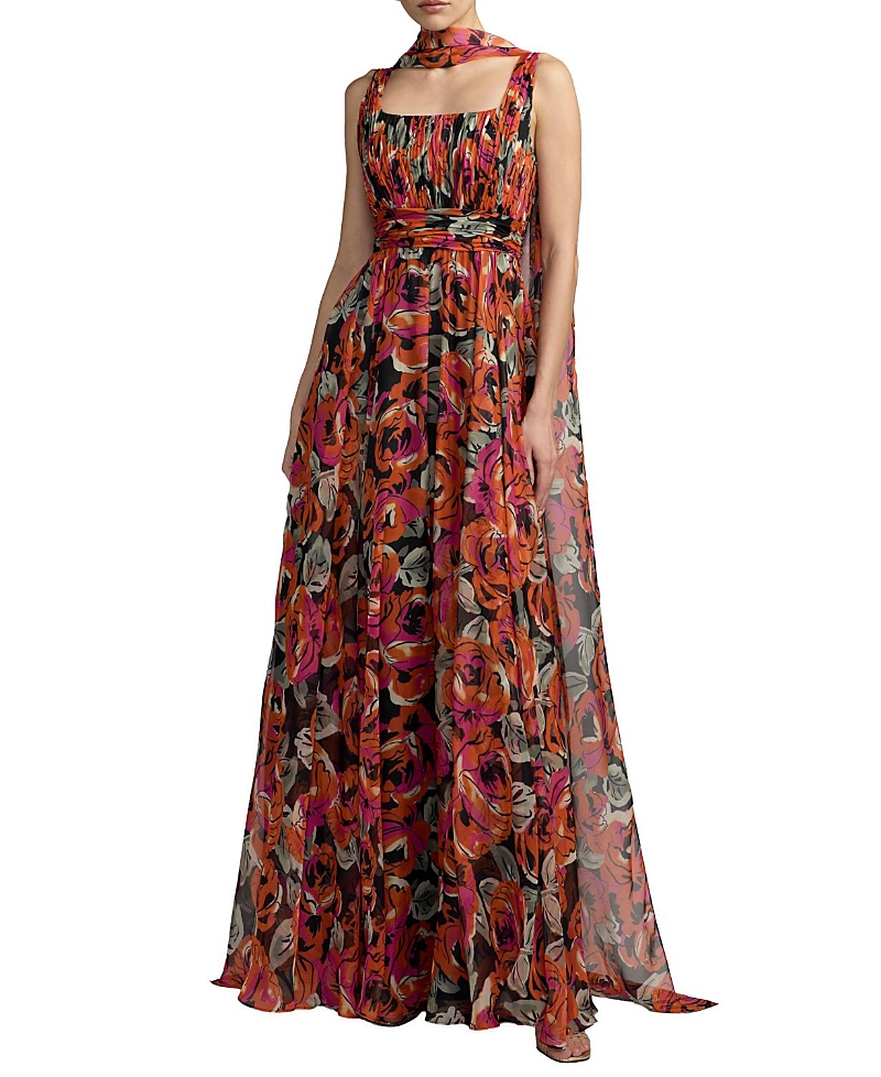 Mac Duggal Printed Chiffon Sleeveless A Line Gown With Scarf
