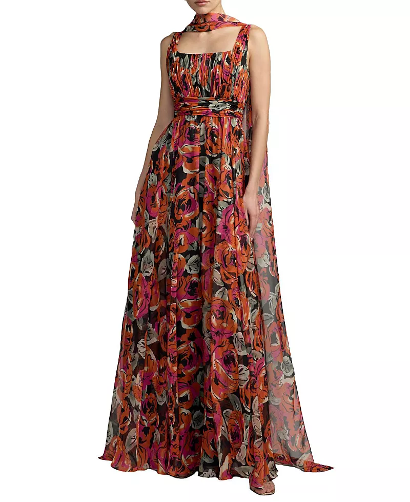 Mac Duggal Printed Chiffon Sleeveless A Line Gown With Scarf