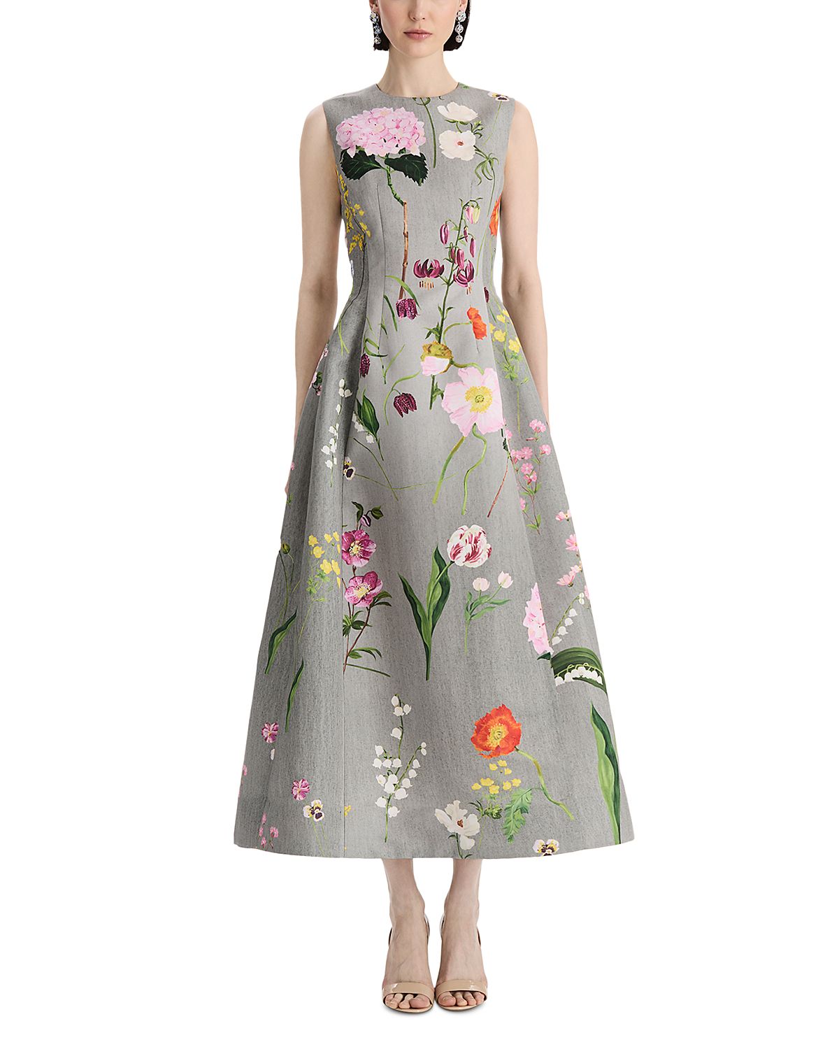 Oscar de la Renta Sleeveless Mixed Botanical Faille Cocktail Dress