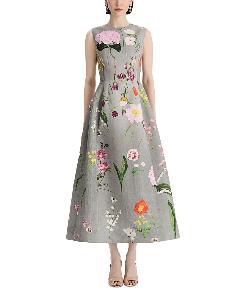 Oscar de la Renta Sleeveless Mixed Botanical Faille Cocktail Dress