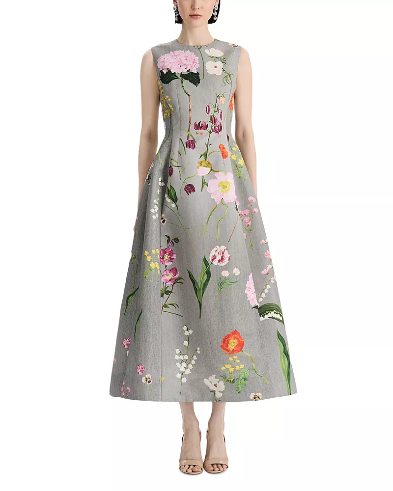 Oscar de la Renta Sleeveless Mixed Botanical Faille Cocktail Dress