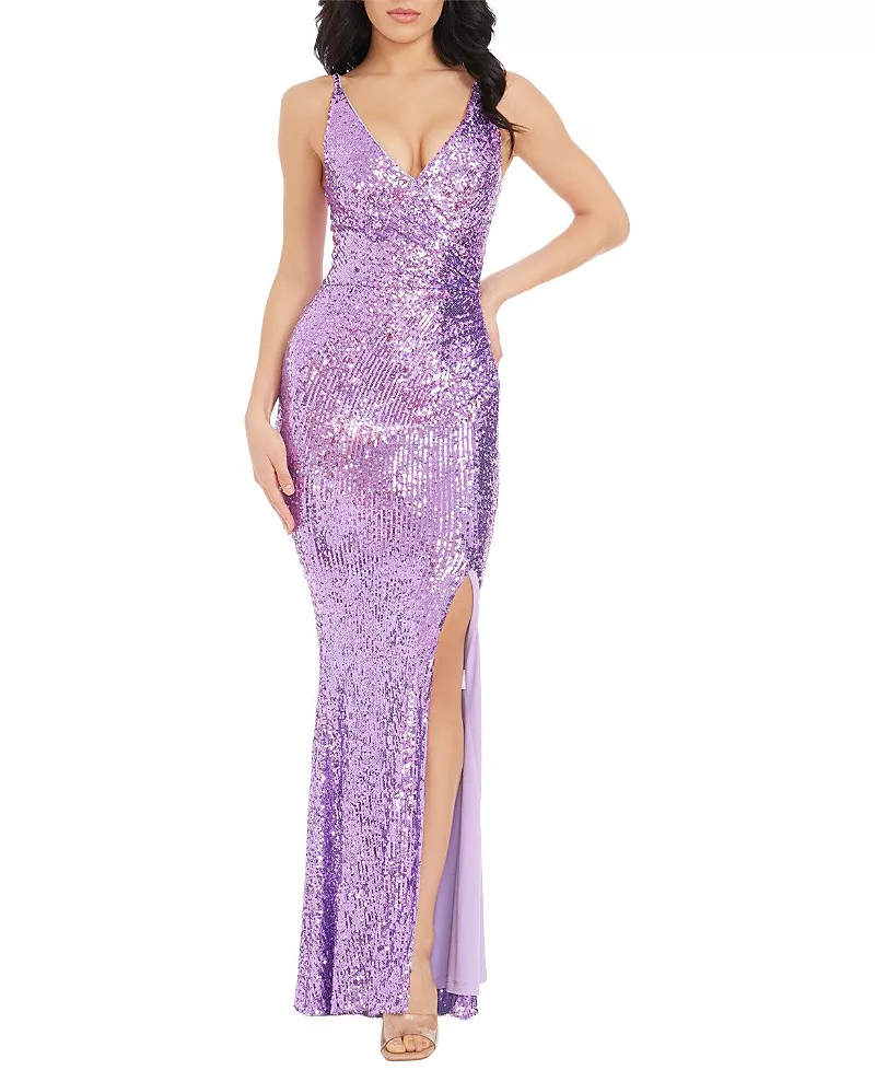 Dress the Population Jordan Plunge Neck Sequin High Slit Gown