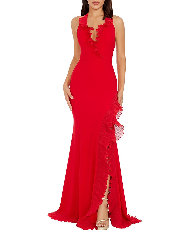 Dress The Population Kathleen Halter Plunge Ruffle Slit Gown
