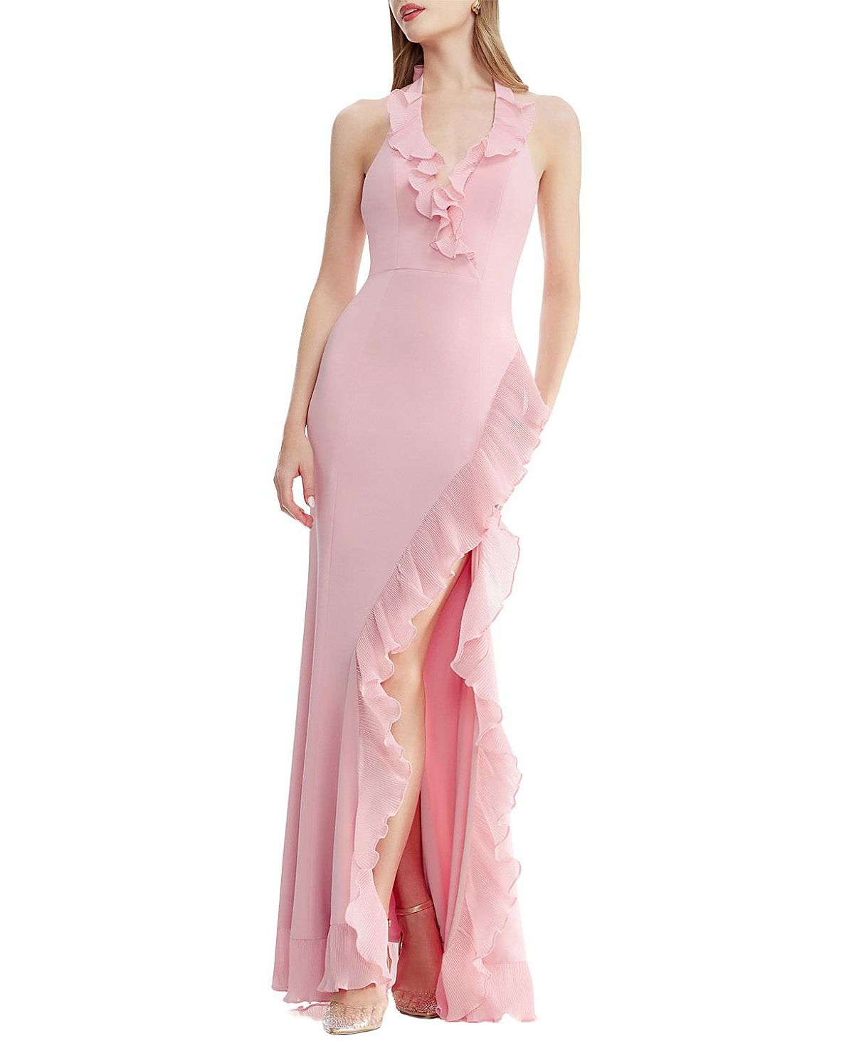 Dress the Population Kathleen Halter Plunge Ruffle Slit Gown
