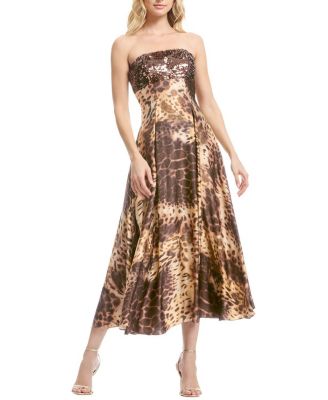 Dress the Population Miranda Strapless Sequin Bustier Leopard Print Midi Dress