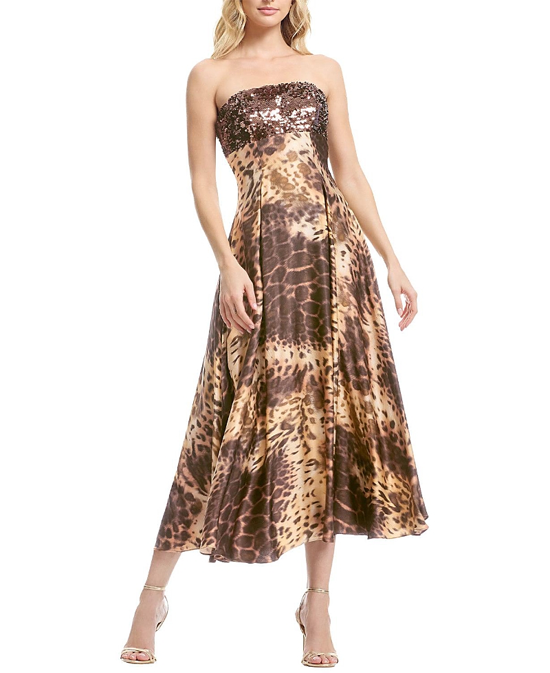 Dress the Population Miranda Strapless Sequin Bustier Leopard Print Midi Dress