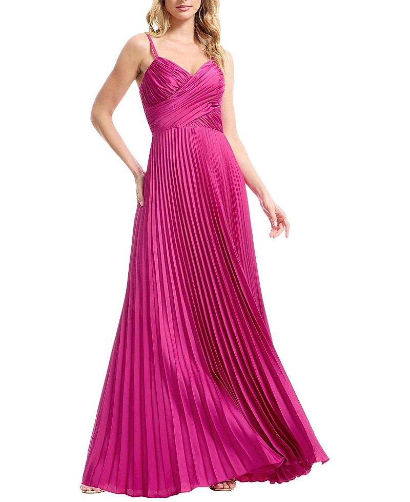 Dress The Population Sweetheart Spaghetti Strap Pleated Gown In Bright Fuchsia