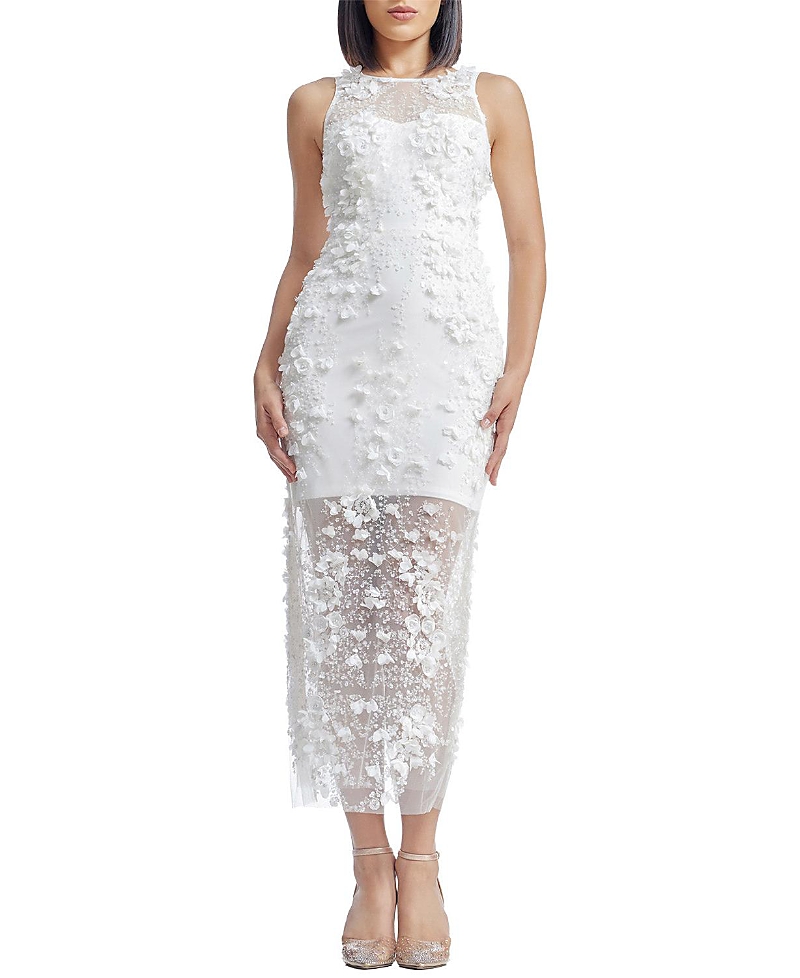 Dress the Population Helena High Neck 3D Floral Applique Sheer Overlay Midi Dress