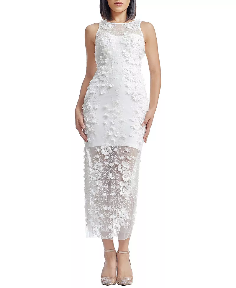 Dress the Population Helena High Neck 3D Floral Applique Sheer Overlay Midi Dress