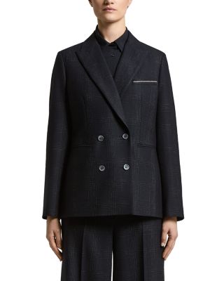 Woman Double Breasted Blazer Jacket in Stretch Wool Blend Check Flannel with Lurex