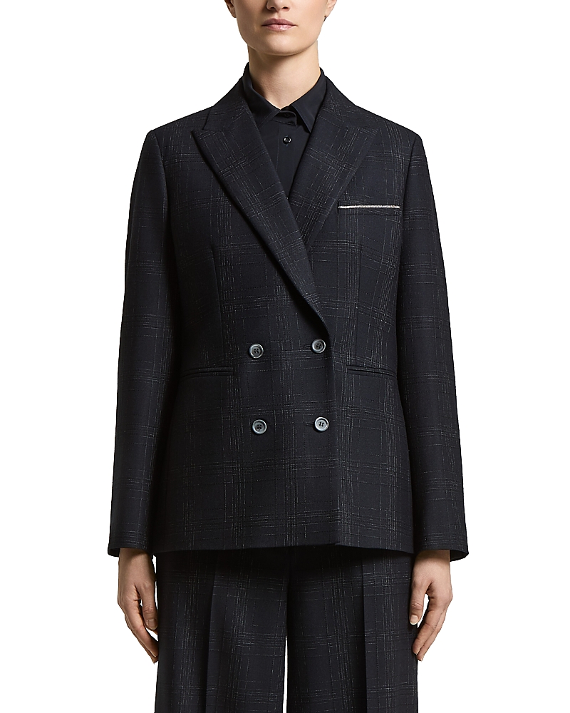 Peserico Woman Double Breasted Blazer Jacket in Stretch Wool Blend Check Flannel with Lurex