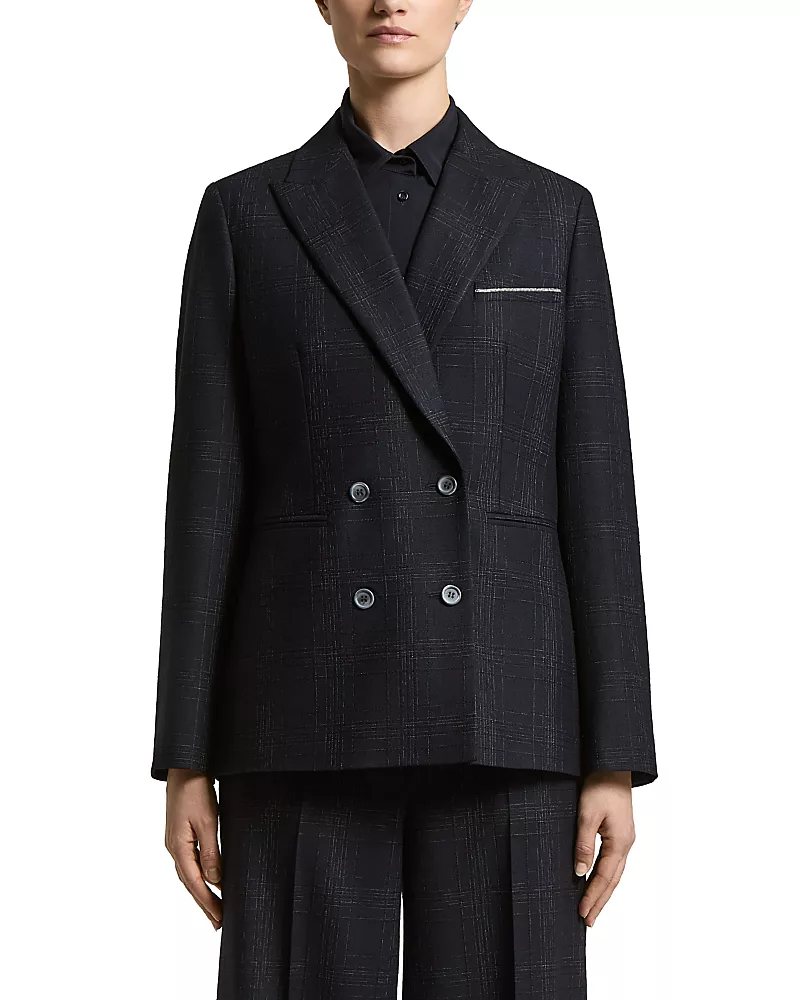 Peserico Woman Double Breasted Blazer Jacket in Stretch Wool Blend Check Flannel with Lurex