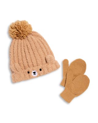 Unisex Two Piece Bear Rib Knit Cozy Hat & Magic Mittens Set - Baby