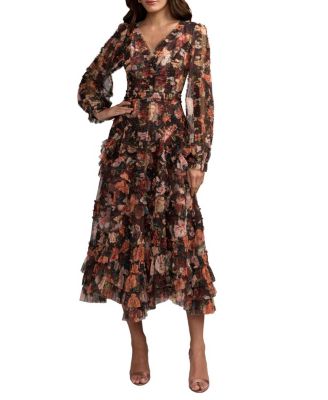  Floral Long Sleeve Mirco Ruffle Midi Dress