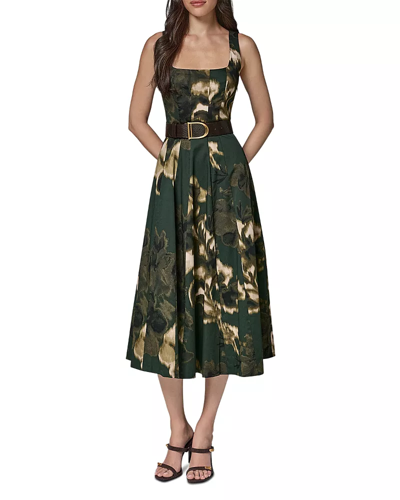 Donna Karan New York Square Neck Belted Sleeveless Dress