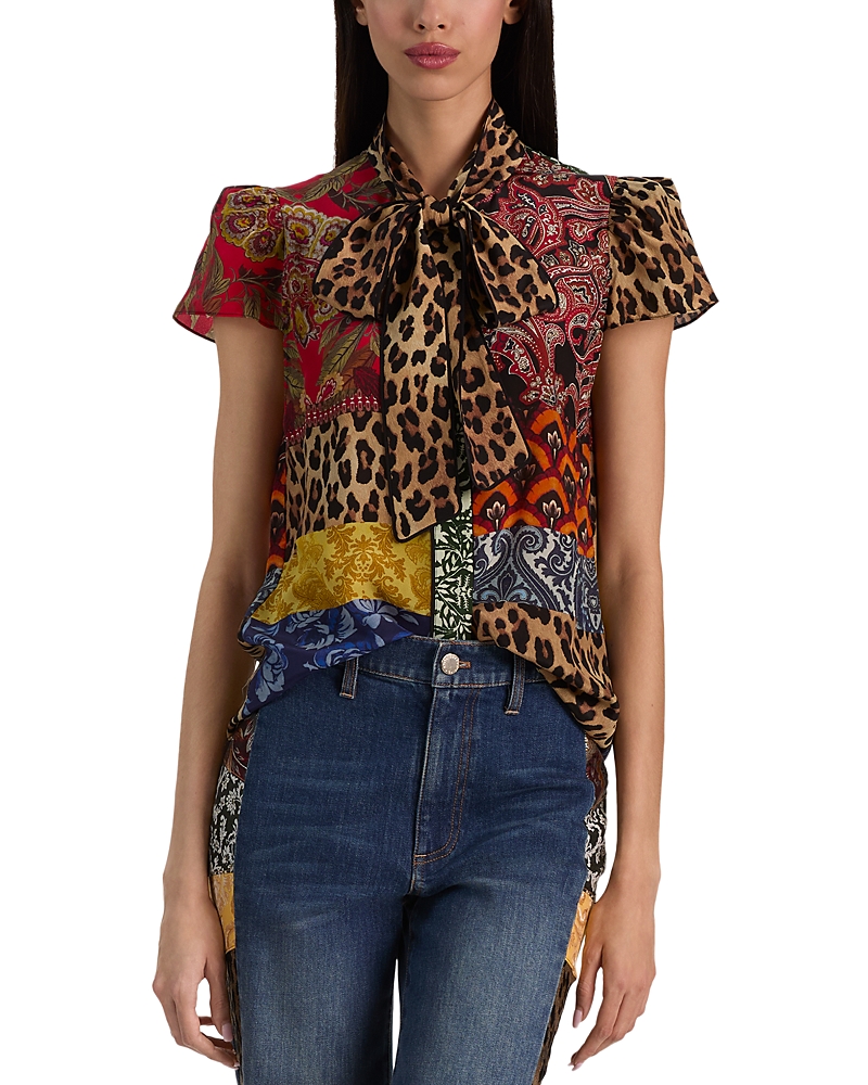 Alice and Olivia Jeannie Piped Bow Collar Cap Sleeve Button Down Blouse