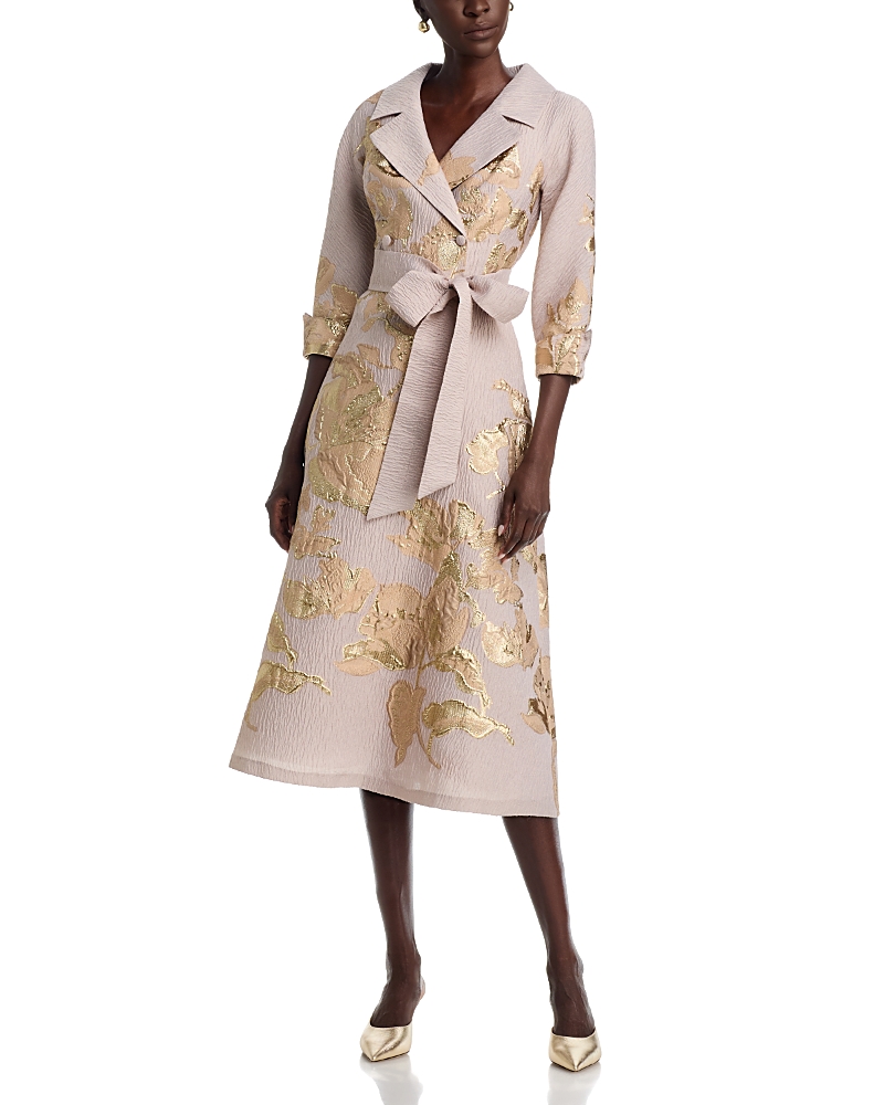 Teri Jon by Rickie Freeman Jacquard Notch Collar Tie Waist Shirt Dress