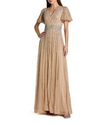  Hand Embellished V-Neck Flutter Sleeve Gown