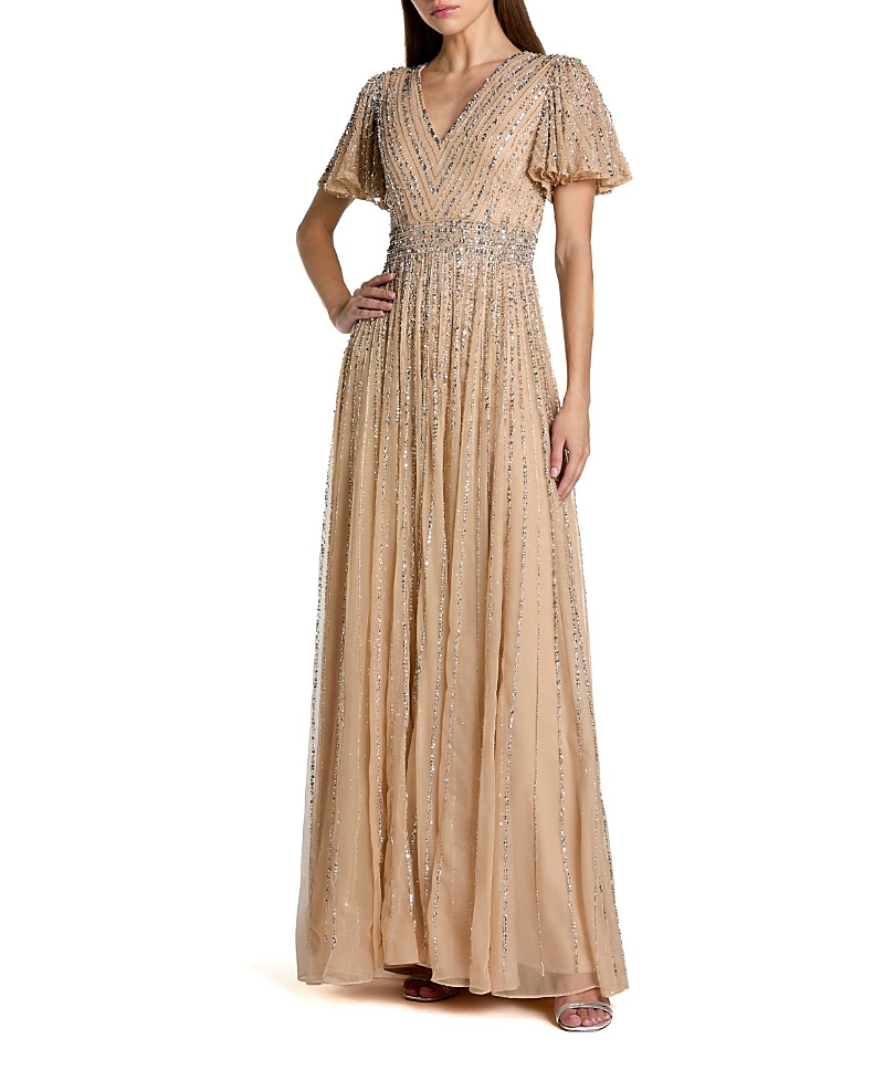 Mac Duggal Hand Embellished V-Neck Flutter Sleeve Gown