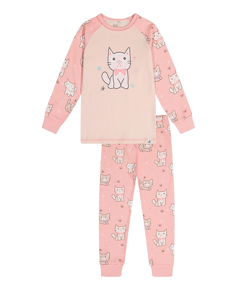 Deux par Deux Girls' Cat Organic Cotton Top Pants Two Piece Pajama Set - Big Kid