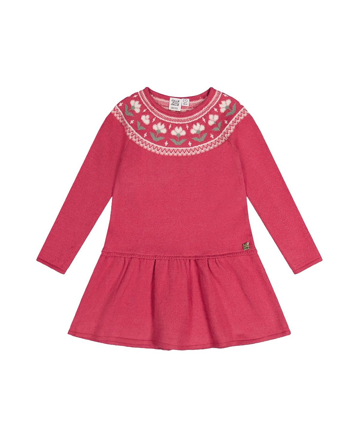 Deux par Deux Girls' Flower Jacquard Yoke Flowy Knitted Dress - Little Kid