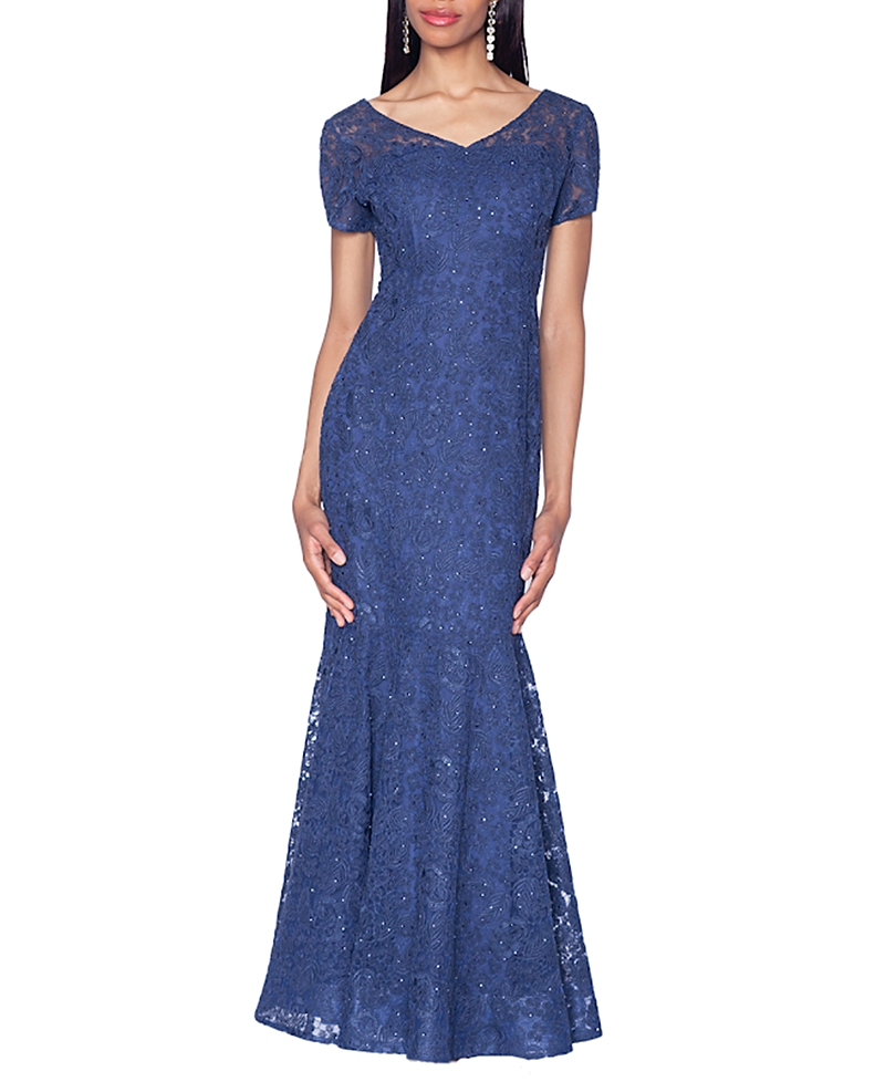 Shani V-Neck Lace Gown with All Over Crystals